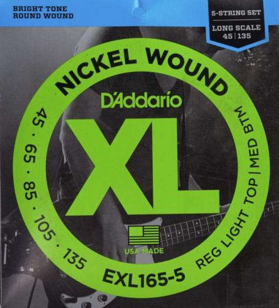Cordes basse électrique D'addario EXL165-5 Electric Bass 5-String Set Nickel Round Wound Long Scale 45-135 - Jeu de 5 cordes