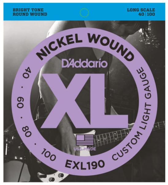 Cordes basse électrique D'addario EXL190 Nickel Round Wound Bass, Long Scale, 40-100 - Jeu de 4 cordes