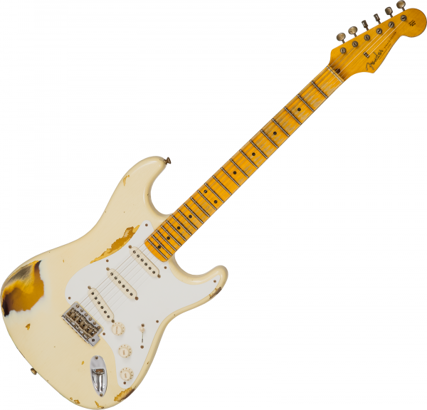 Guitare électrique solid body Fender Custom Shop 1956 Stratocaster #CZ550419 - Heavy relic vintage white over sunburst